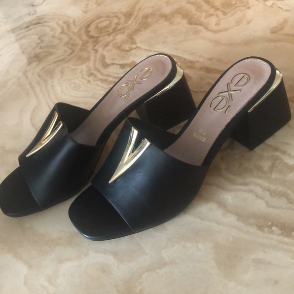 EXÉ CARMEN BLACK MULE • GOLD ACCENTS • 2” BLOCK HEEL • Sz 38 • NWT - Picture 9 of 15